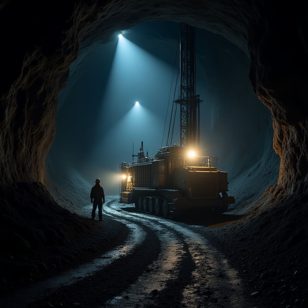 Underground coal mining operation showing miners and equipment