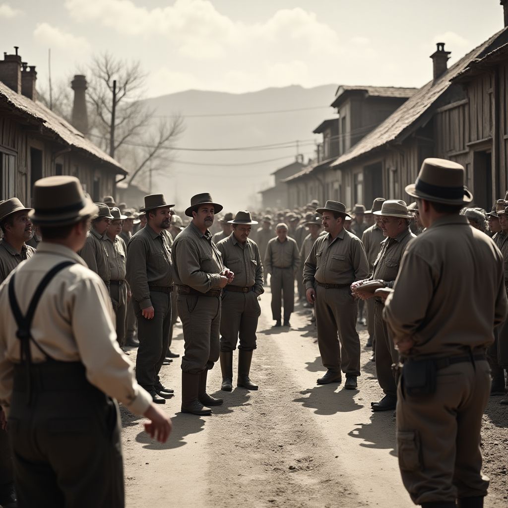 Mining community life showing miners' families and social activities